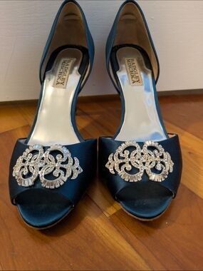 Badgley Mischka Teal Satin Open-Toe Heels with Crystal Brooch